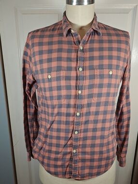 J Crew Mens Faded Salmon Pink Navy Plaid Slim Flannel Shirt Large